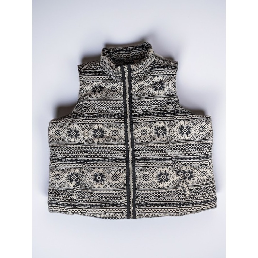 Lands End Down Puffer Vest Women's 3X Black White Fair Isle Snowflake Zip Up